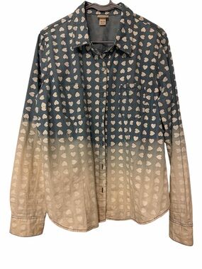 Mossimo Heart Print Ombre Denim/Cotton ButtonUp Shirt XXL TwoTone Blue to Cream